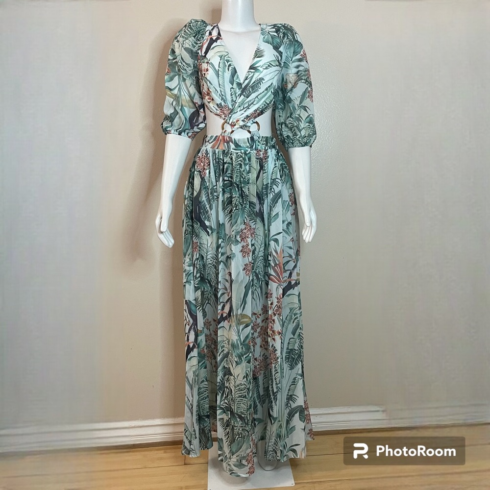 Green leaf print tie back rings on waist built in bikini high slit maxi dress